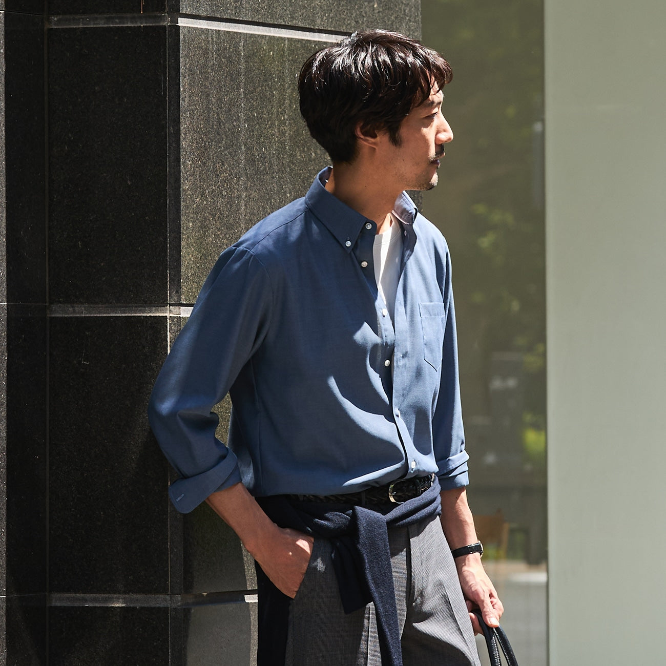 商務休閒 Chambray 鈕扣襯衫 - 藍色_07
