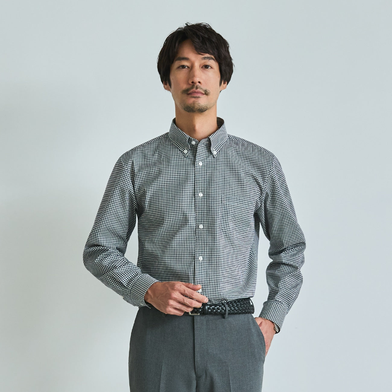 商務休閒鈕扣格子襯衫 -深藍