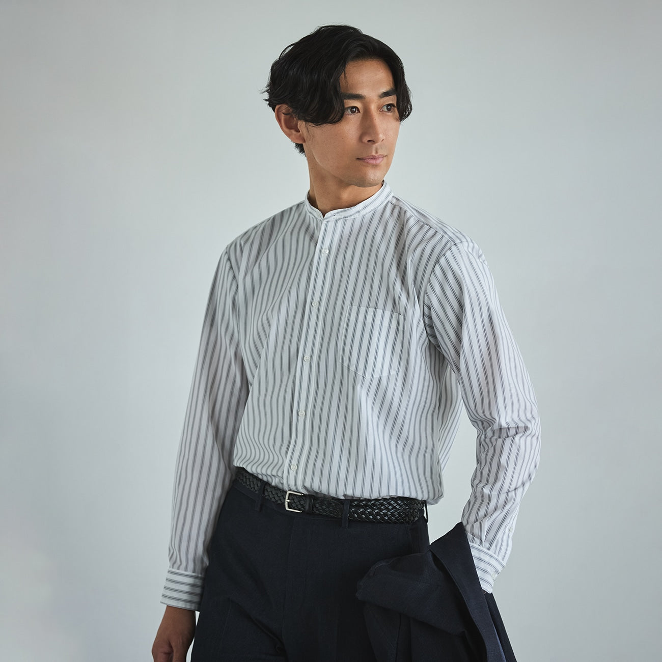 商務休閒帶領條紋襯衫 - 白色_07