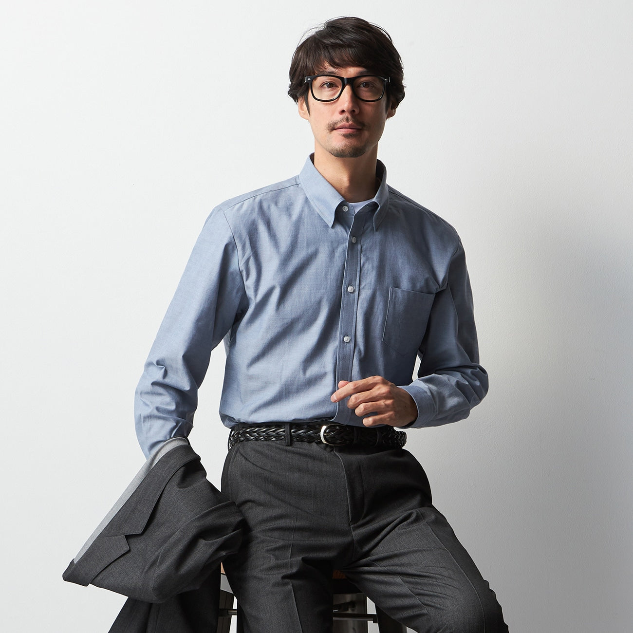 Business Casual Cotton Snap-Down Chambray Shirt - Blue_09