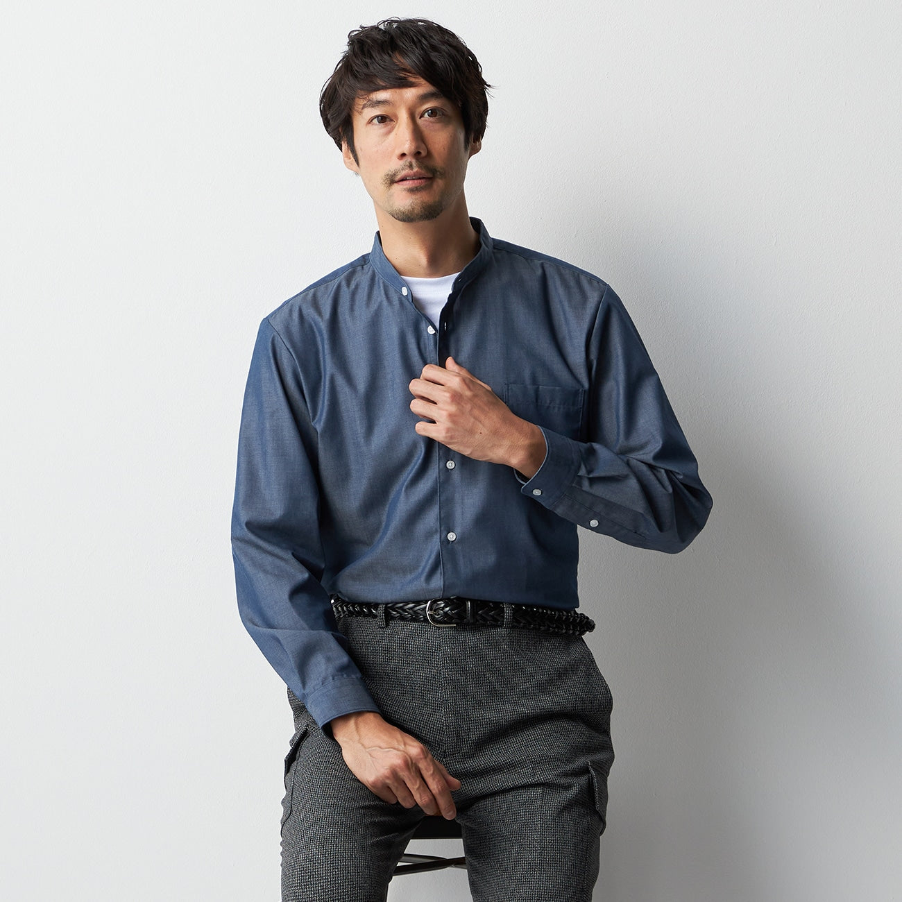 Business Casual Cotton Band Collar Denim Shirt - Navy_09