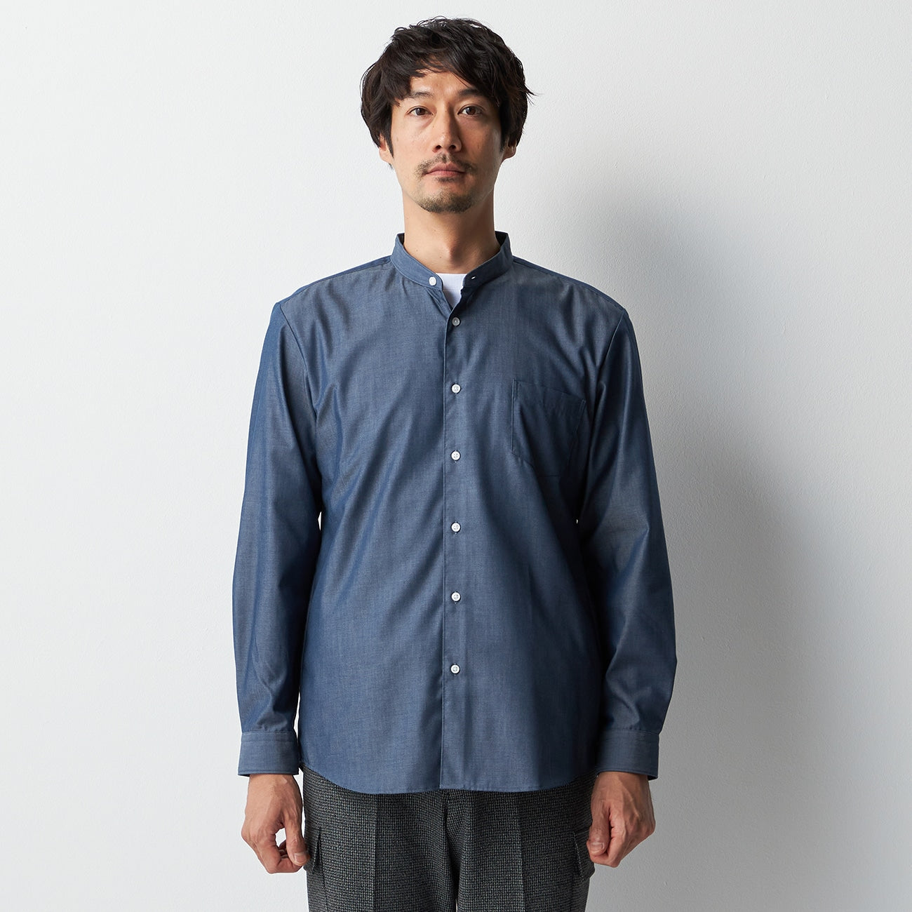 Business Casual Cotton Band Collar Denim Shirt - Navy_10