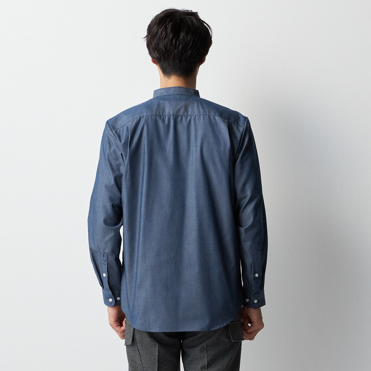 Business Casual Cotton Band Collar Denim Shirt - Navy_11