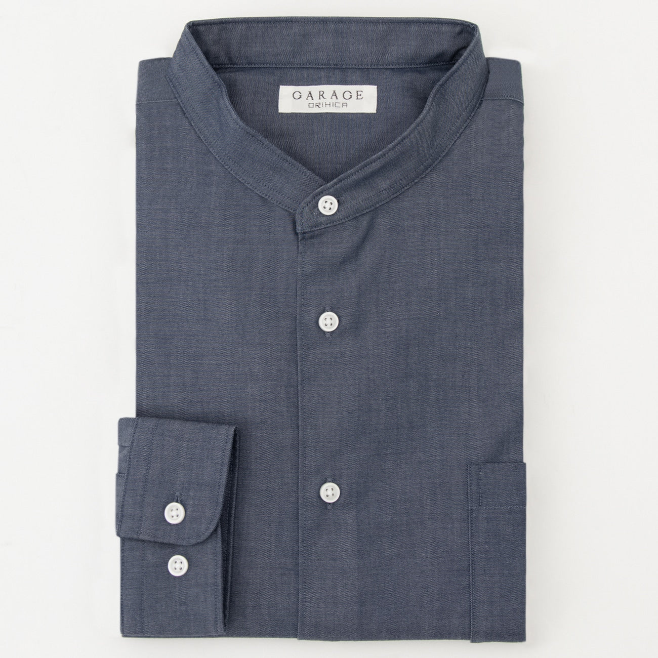 Business Casual Cotton Band Collar Denim Shirt - Navy_12