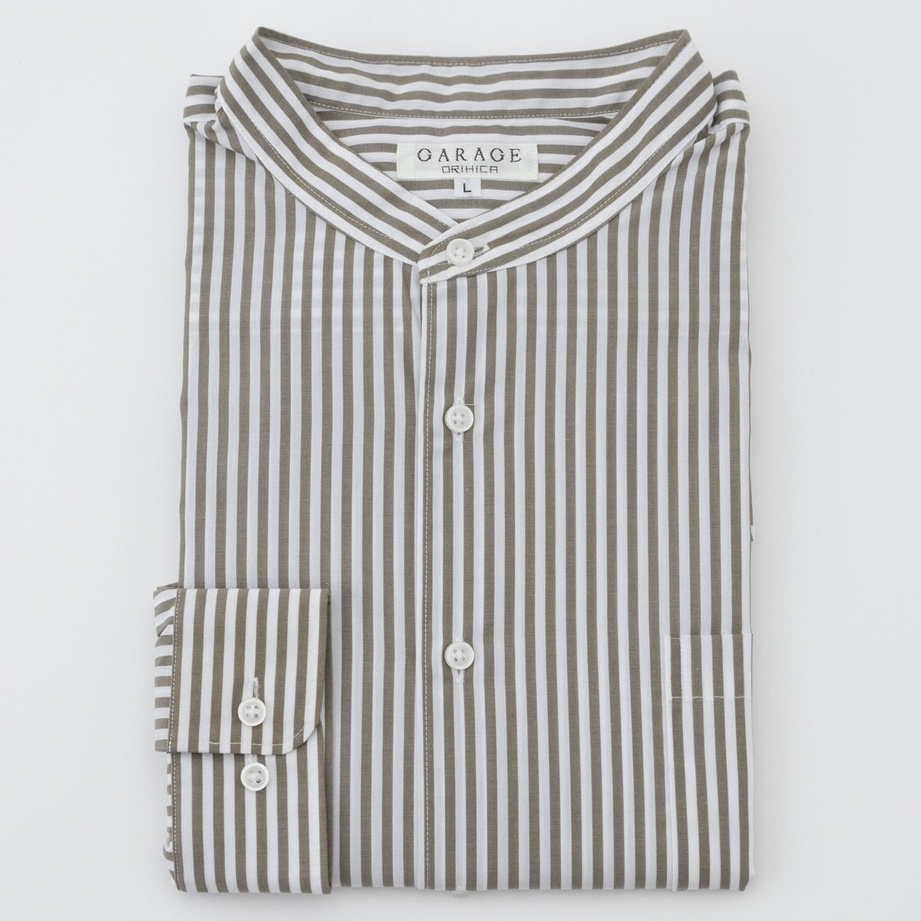 London Stripe Band Collar Shirt - Khaki_12