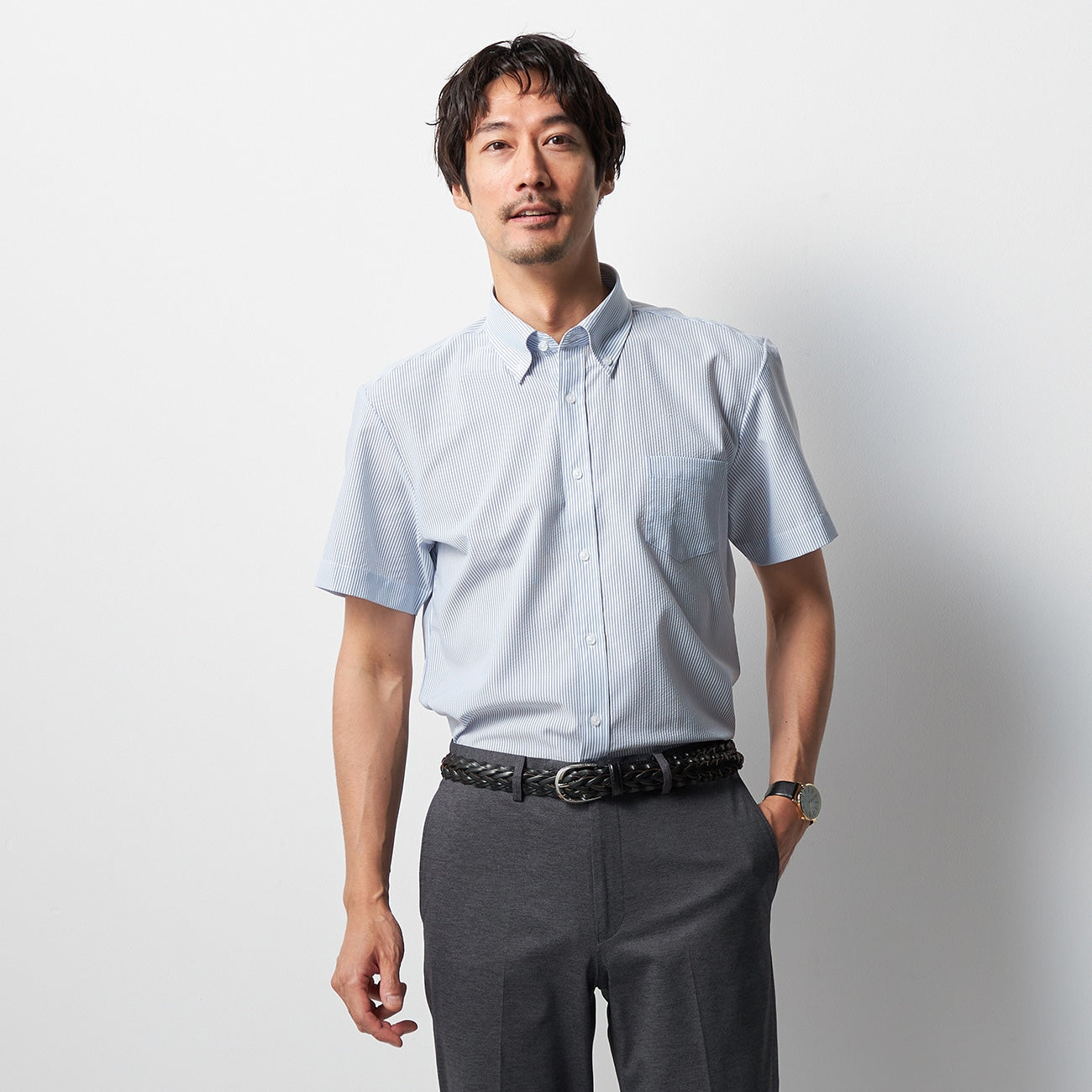 Business Casual Seersucker Button-down Short Sleeve Stripe Shirt - Navy_08