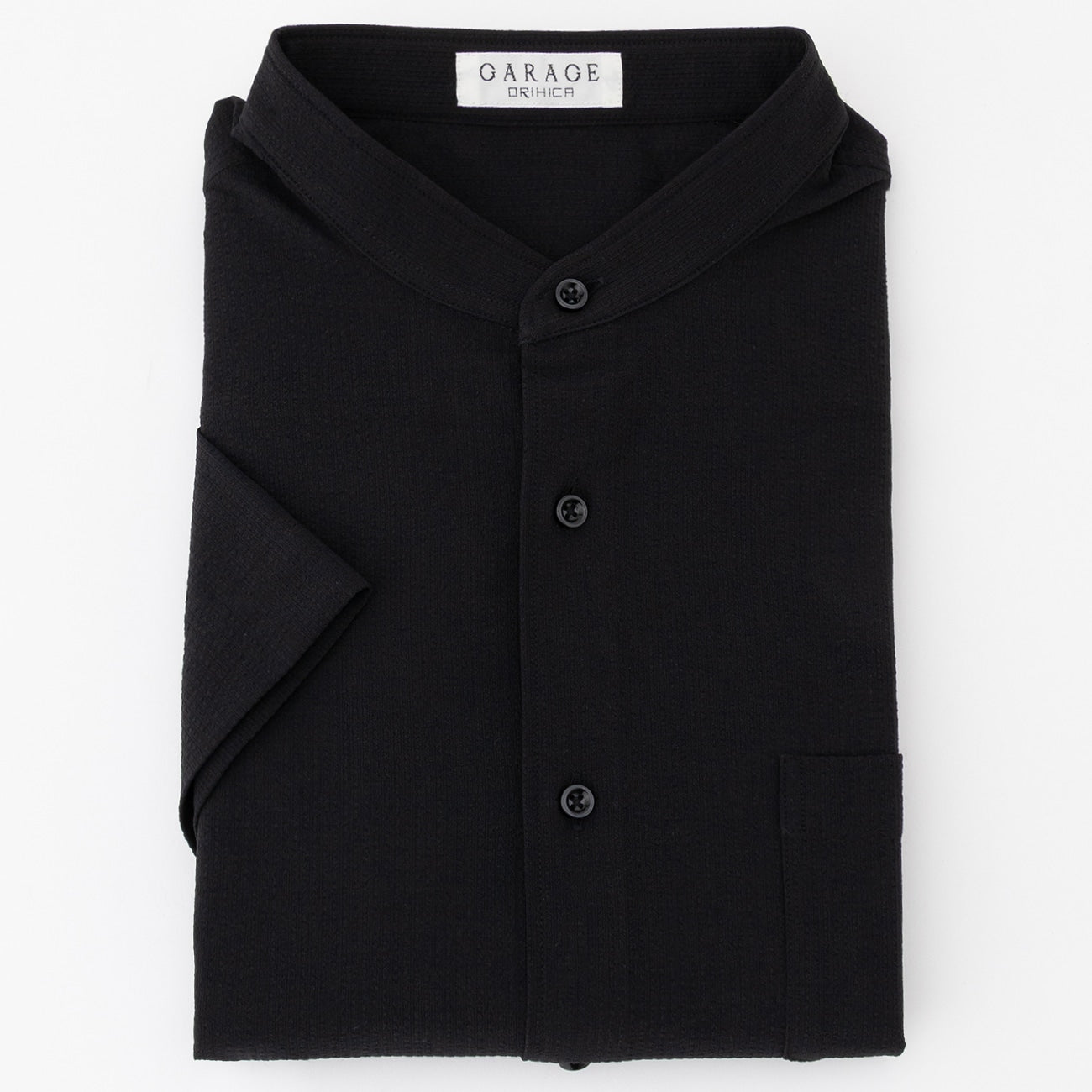 Business Casual Seersucker Band Collar Short Sleeve Shirt - Black_09