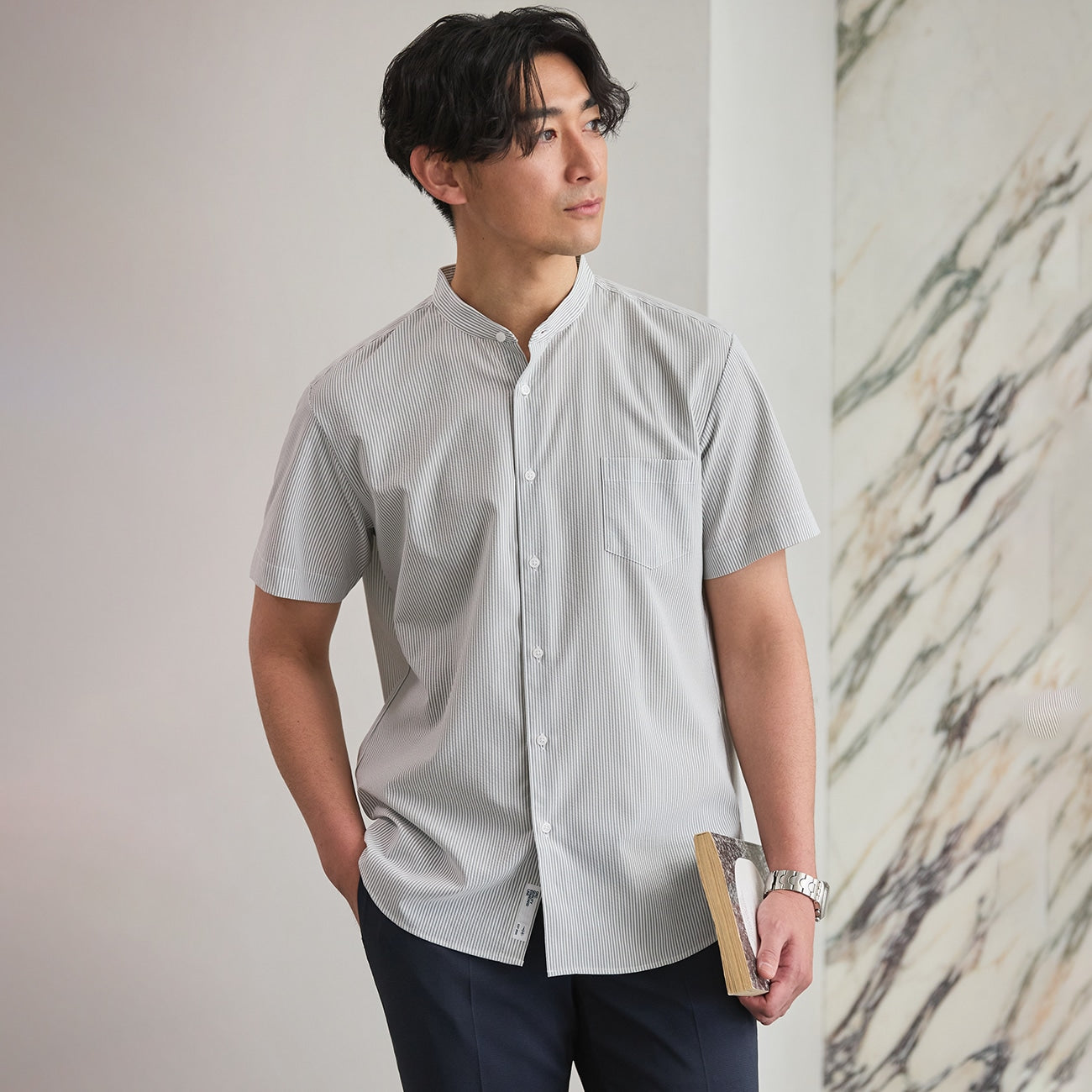 Business Casual Seersucker Band Collar Short Sleeve Stripe Shirt - Gray_07