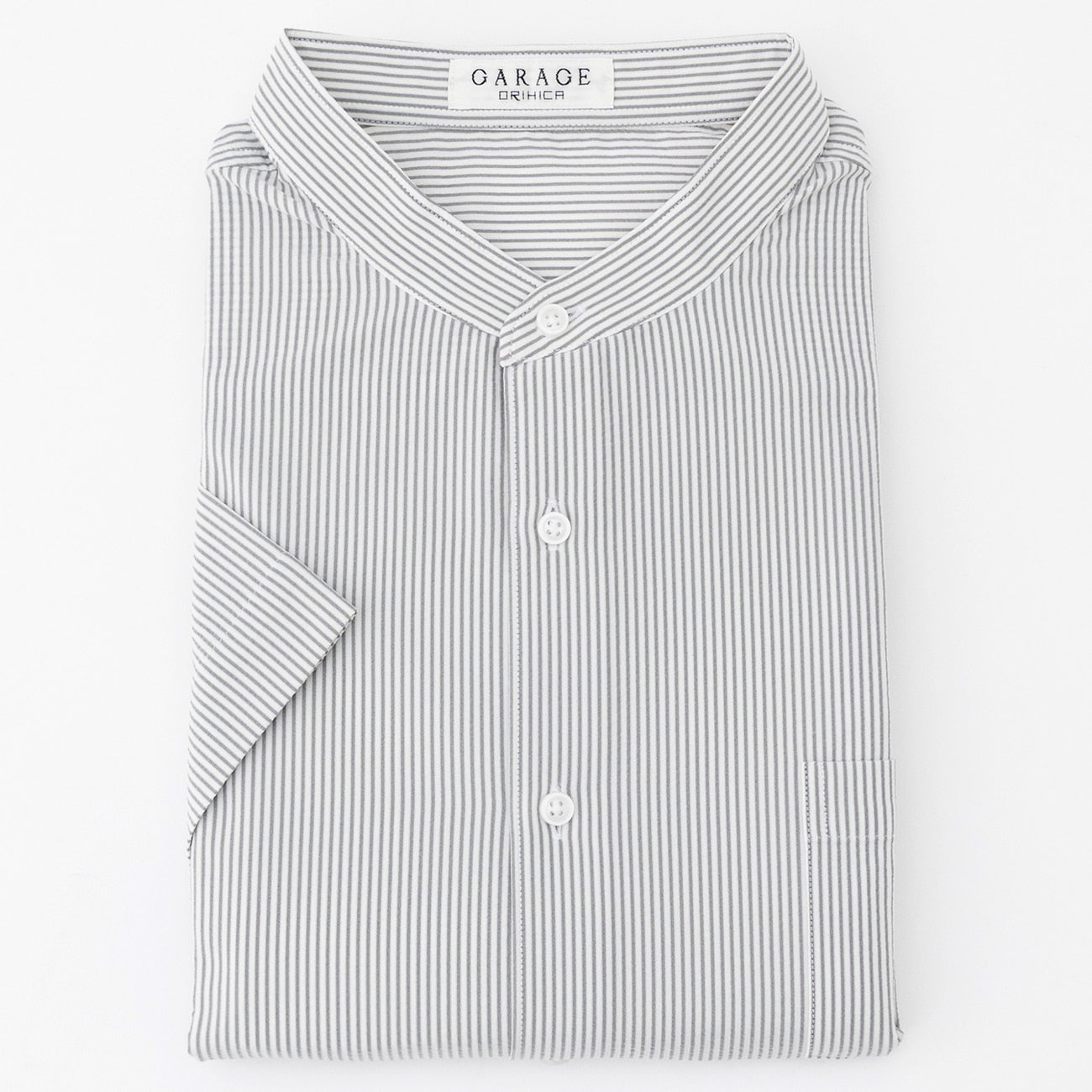 Business Casual Seersucker Band Collar Short Sleeve Stripe Shirt - Gray_08