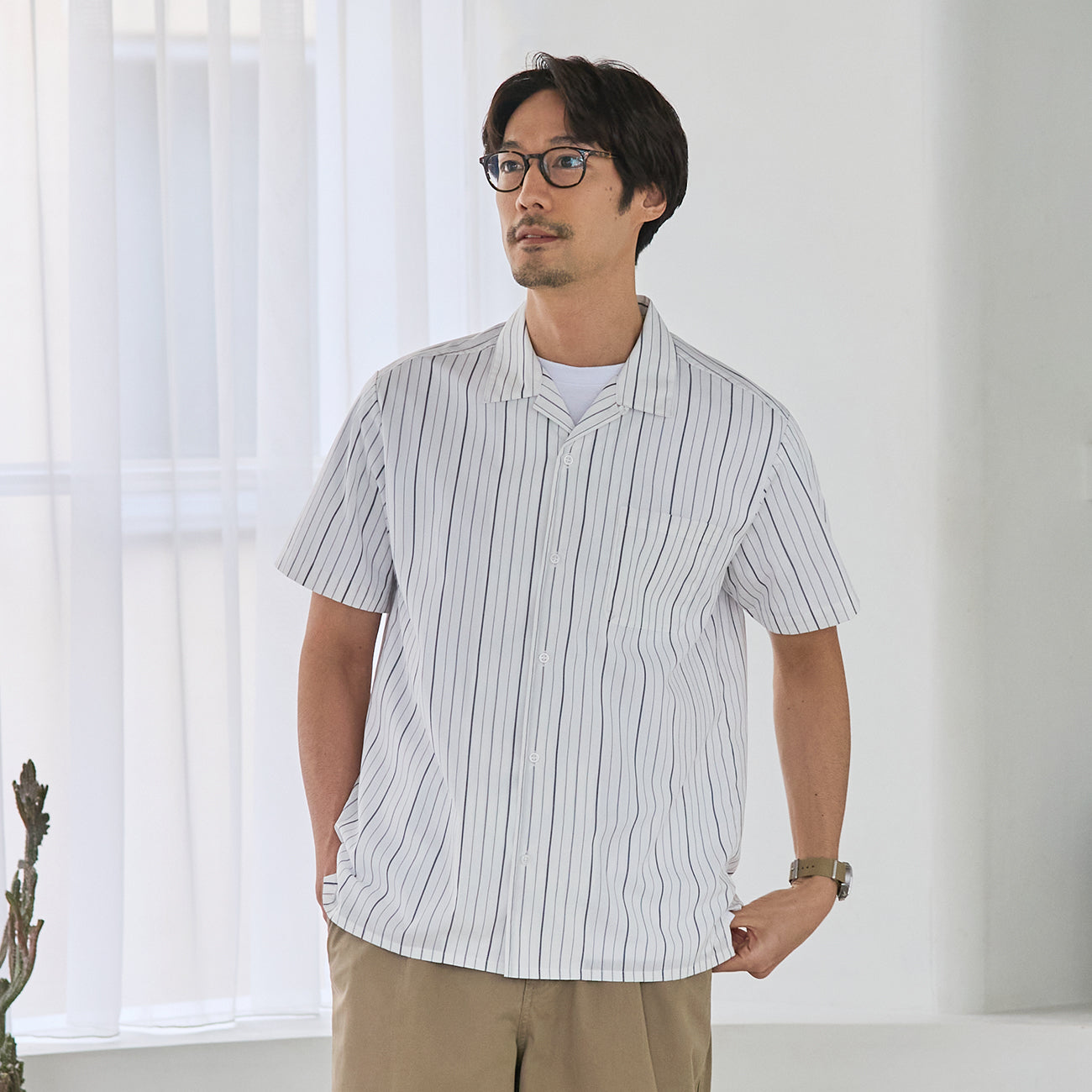 商務休閒開領條紋Short 袖襯衫 - 白色_10