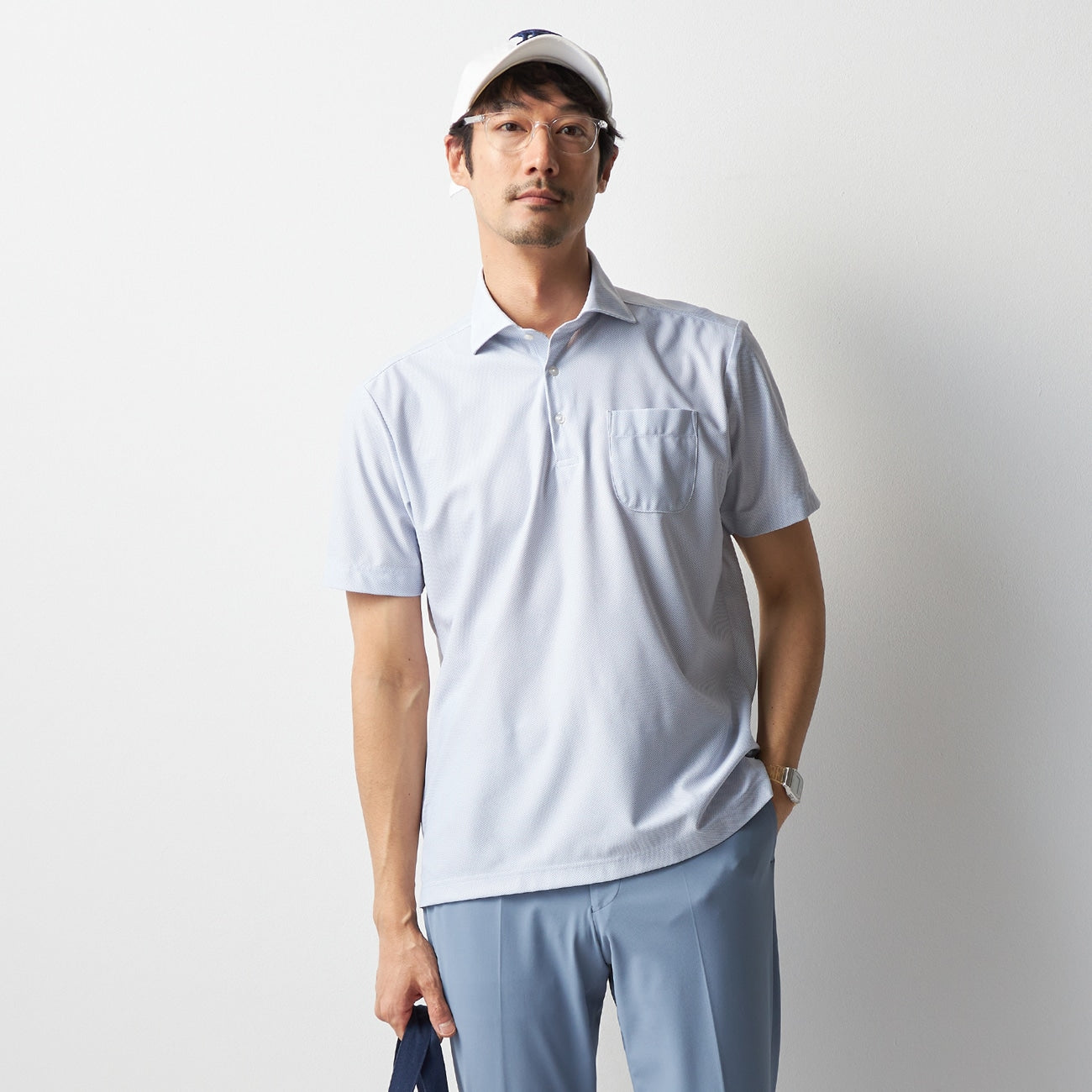 菱形编织宽领 Polo 衫 -深蓝