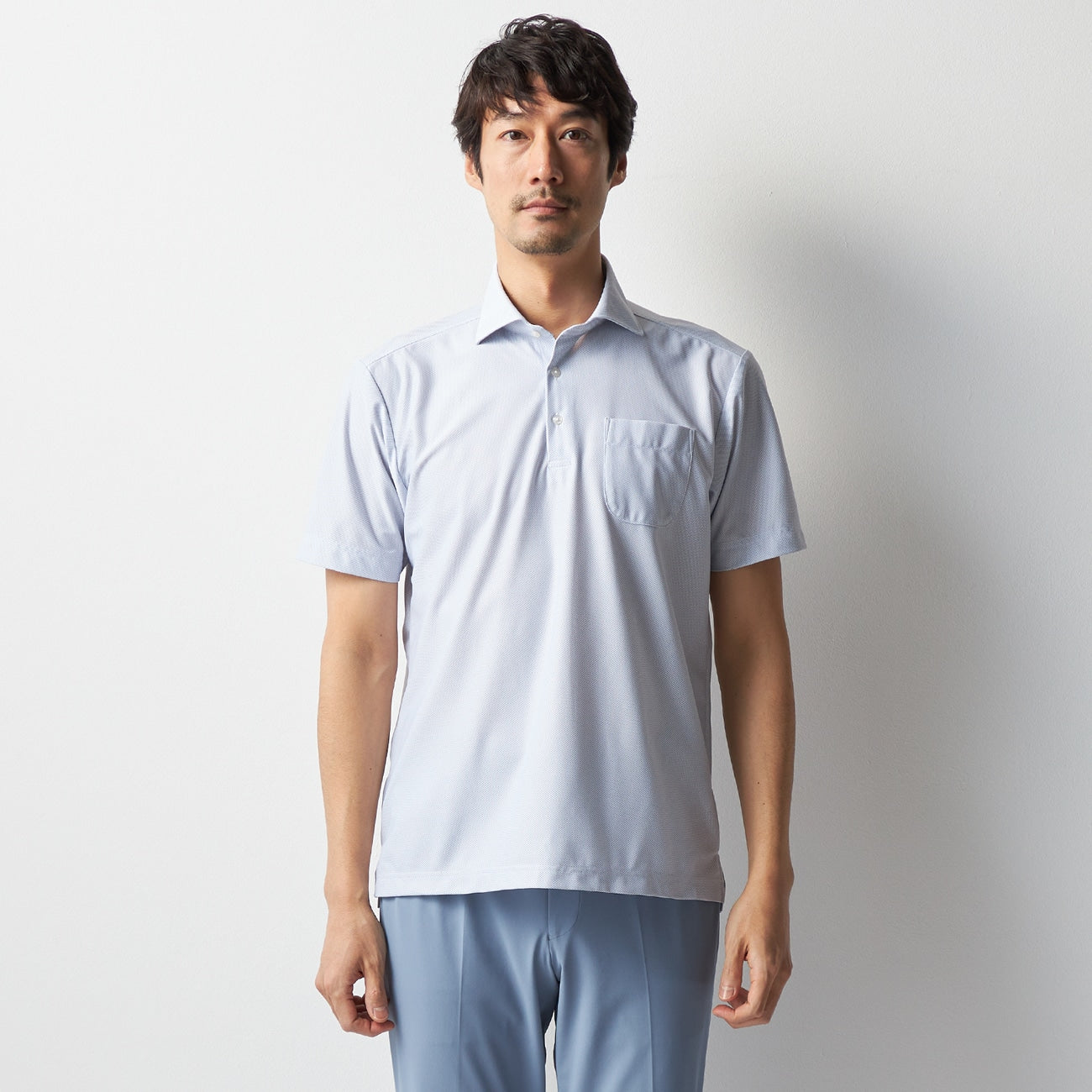 菱形编织宽领 Polo 衫 -深蓝