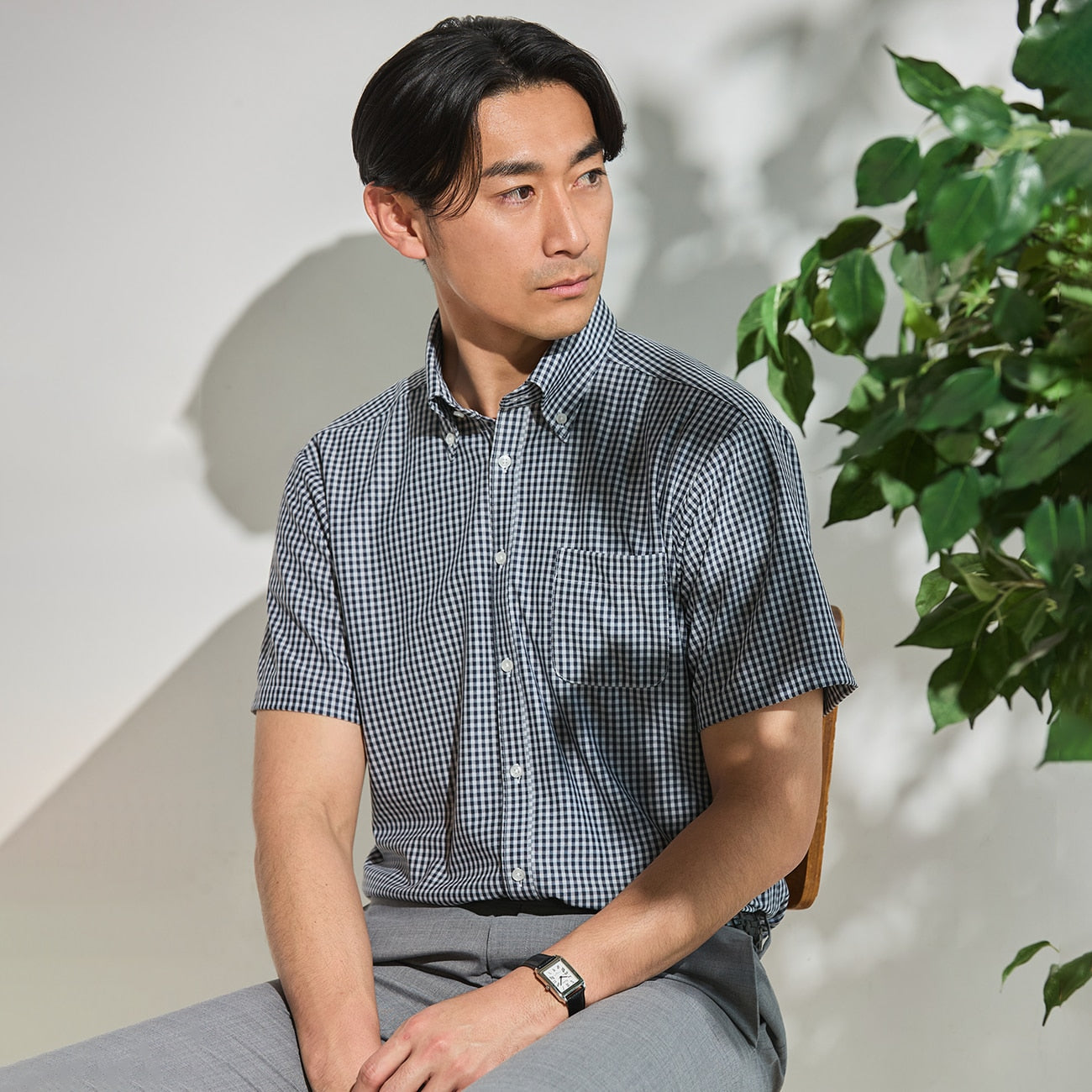 格子纽扣前襟 Polo 衫 -深蓝