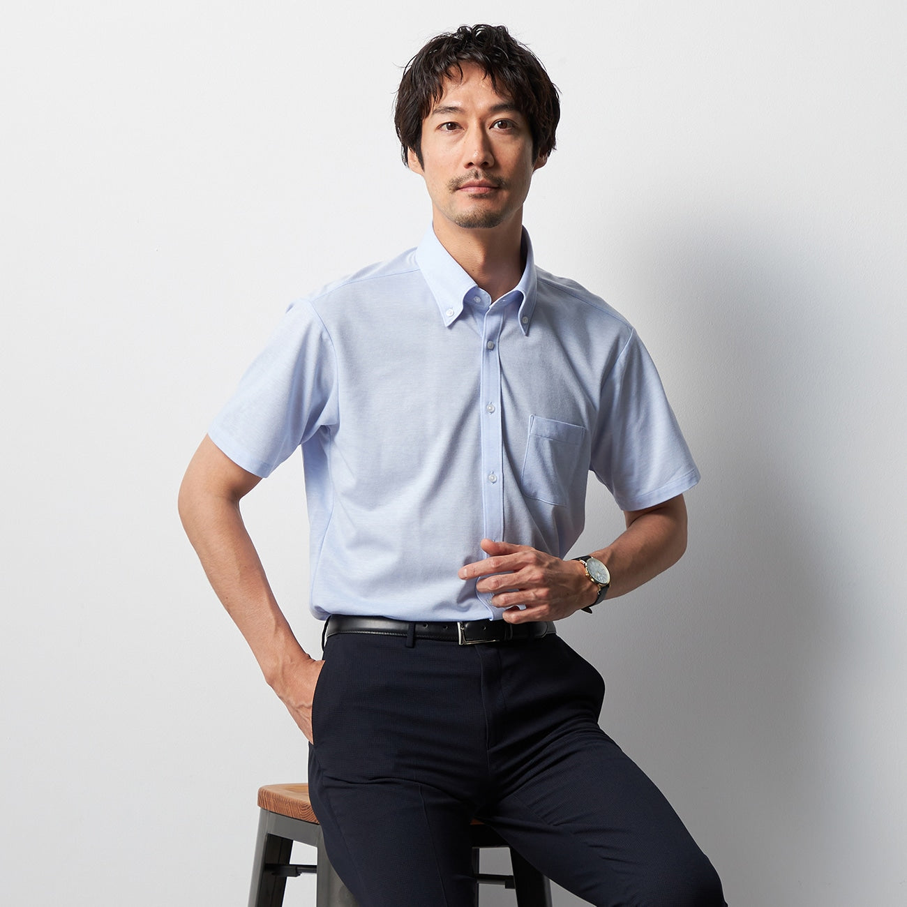 钮扣领POLO上衣 蓝_10