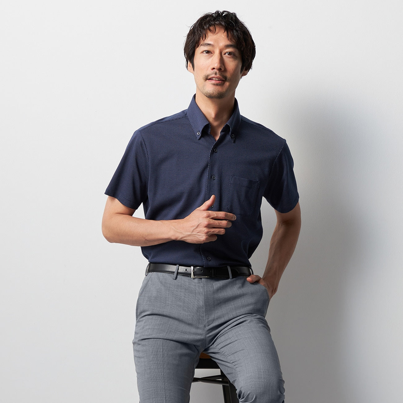 Sashiko 纽扣前襟 Skipper Polo 衫 -深蓝