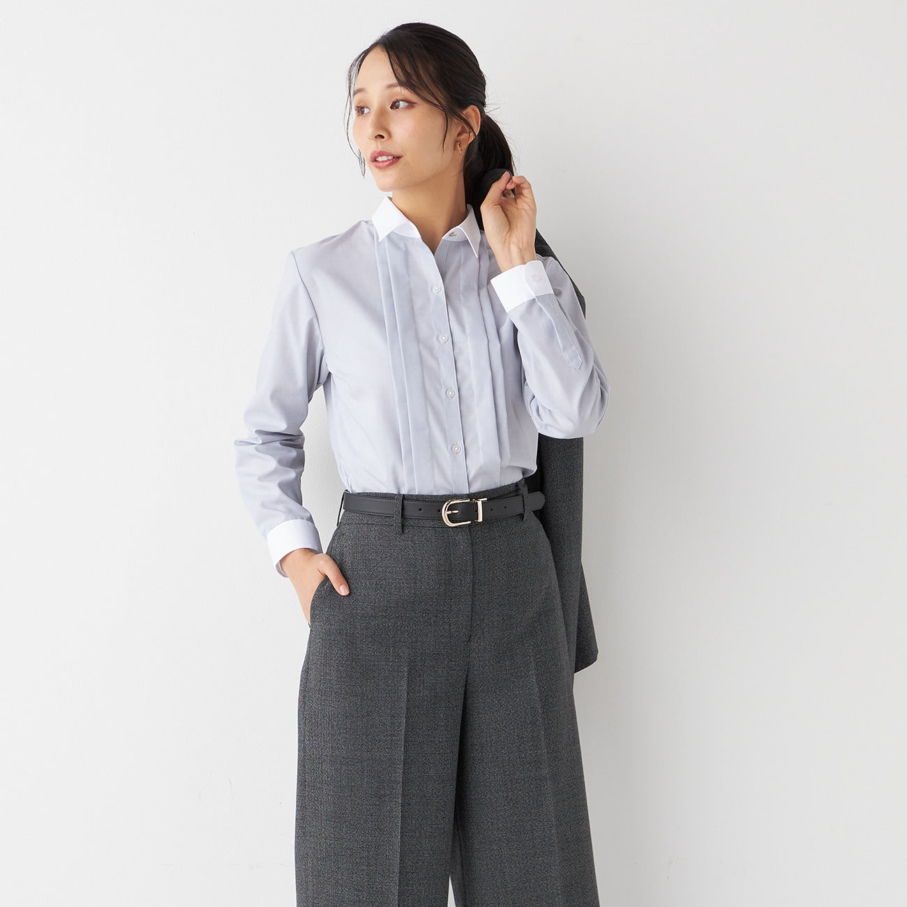 Women's Non-Iron Cotton Tucked Contrast Collar Shirt - Gray_10