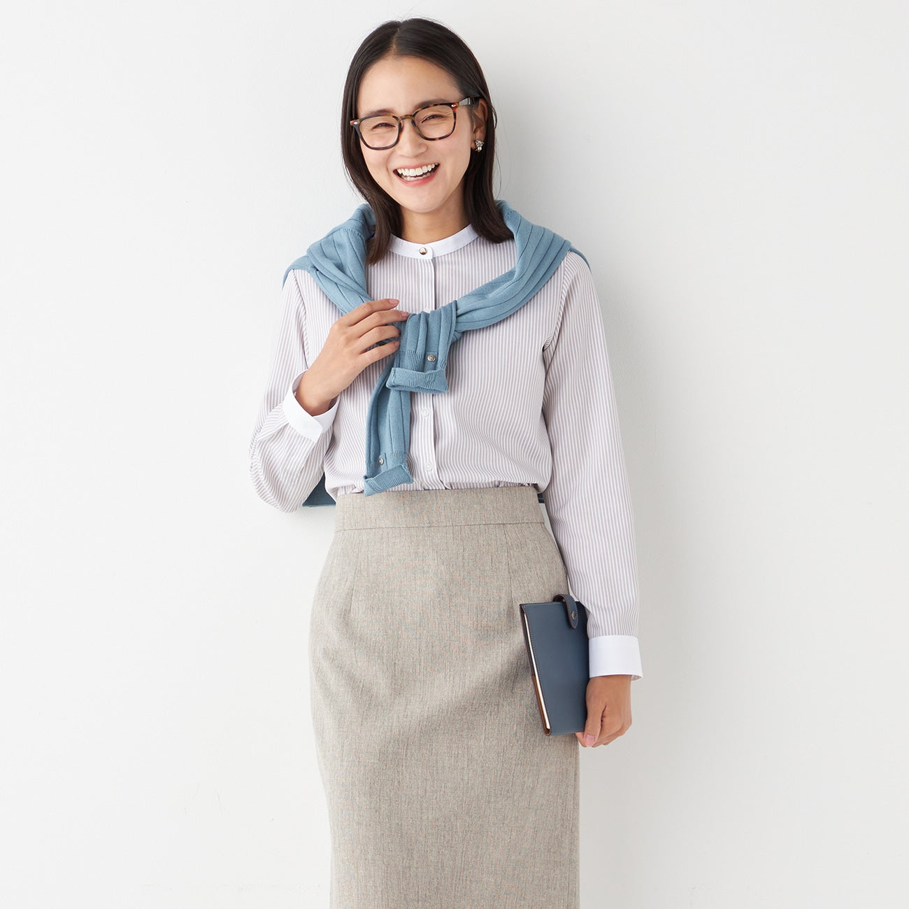 Women's Non-Iron Cotton Band Collar Shirt - Beige_12