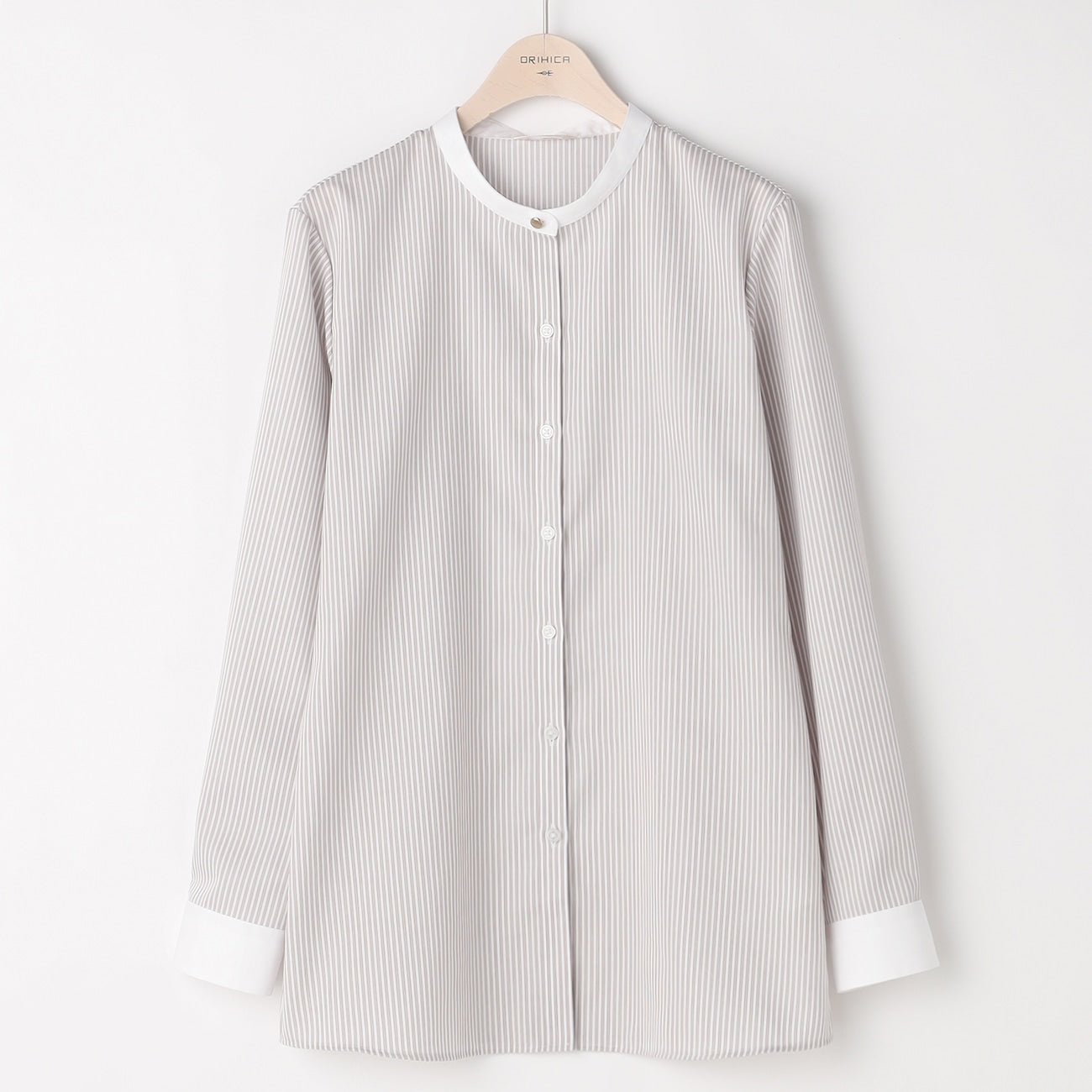Women's Non-Iron Cotton Band Collar Shirt - Beige_13