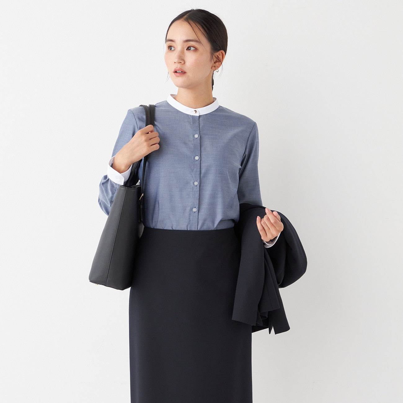 Women's Non-Iron Cotton Band Collar Shirt - Navy_12