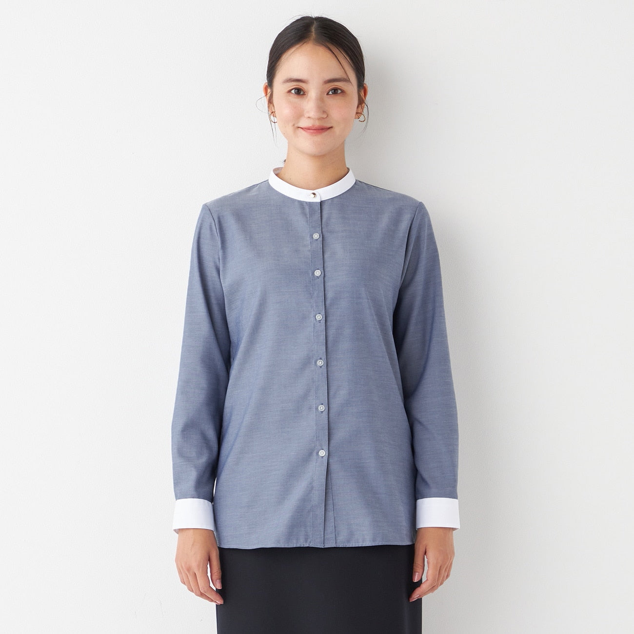 Women's Non-Iron Cotton Band Collar Shirt - Navy_13