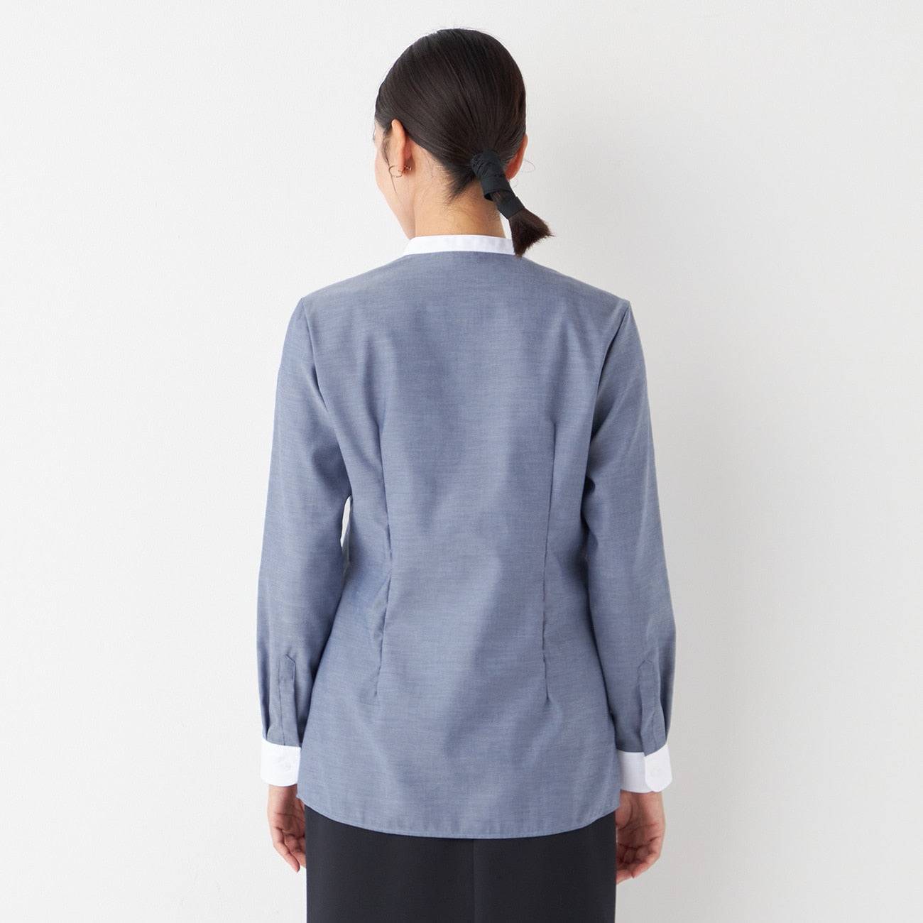 Women's Non-Iron Cotton Band Collar Shirt - Navy_14