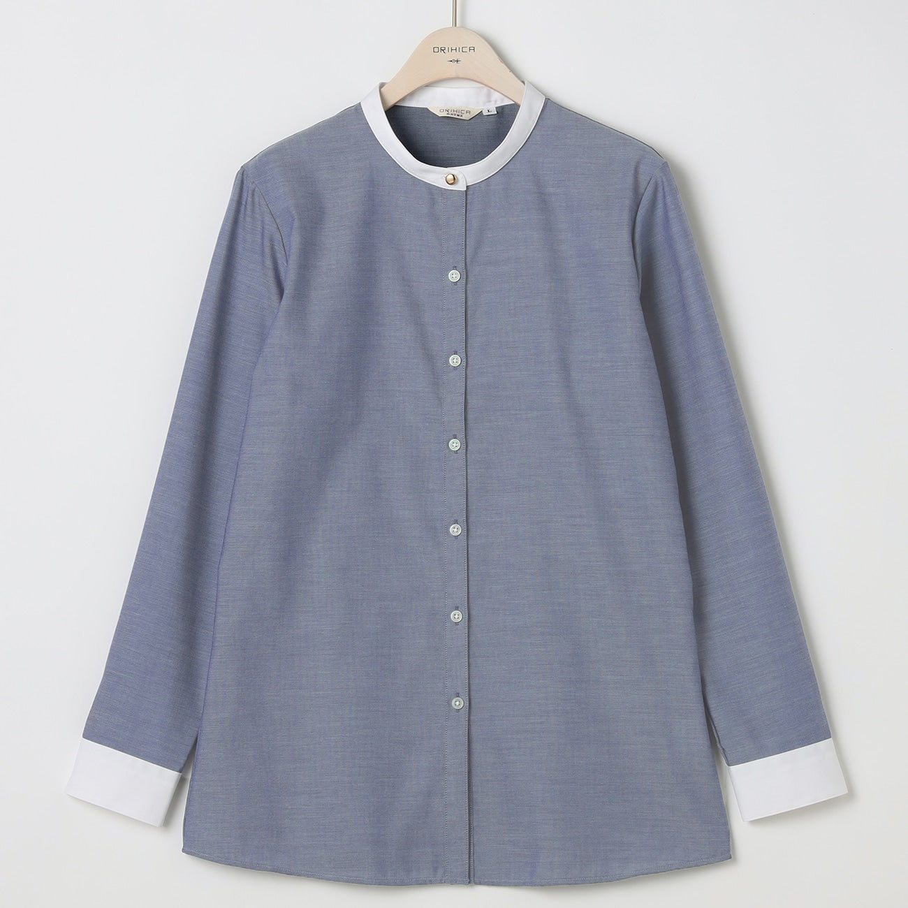 Women's Non-Iron Cotton Band Collar Shirt - Navy_15