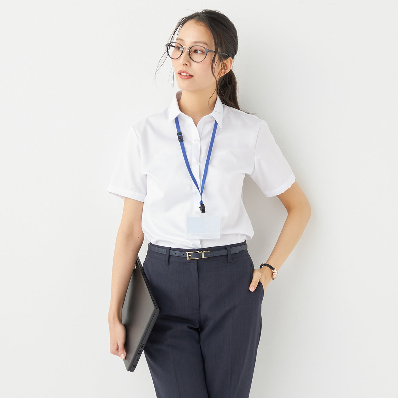 女式免熨烫 纯棉点数 领Short 衬衫 - White_12