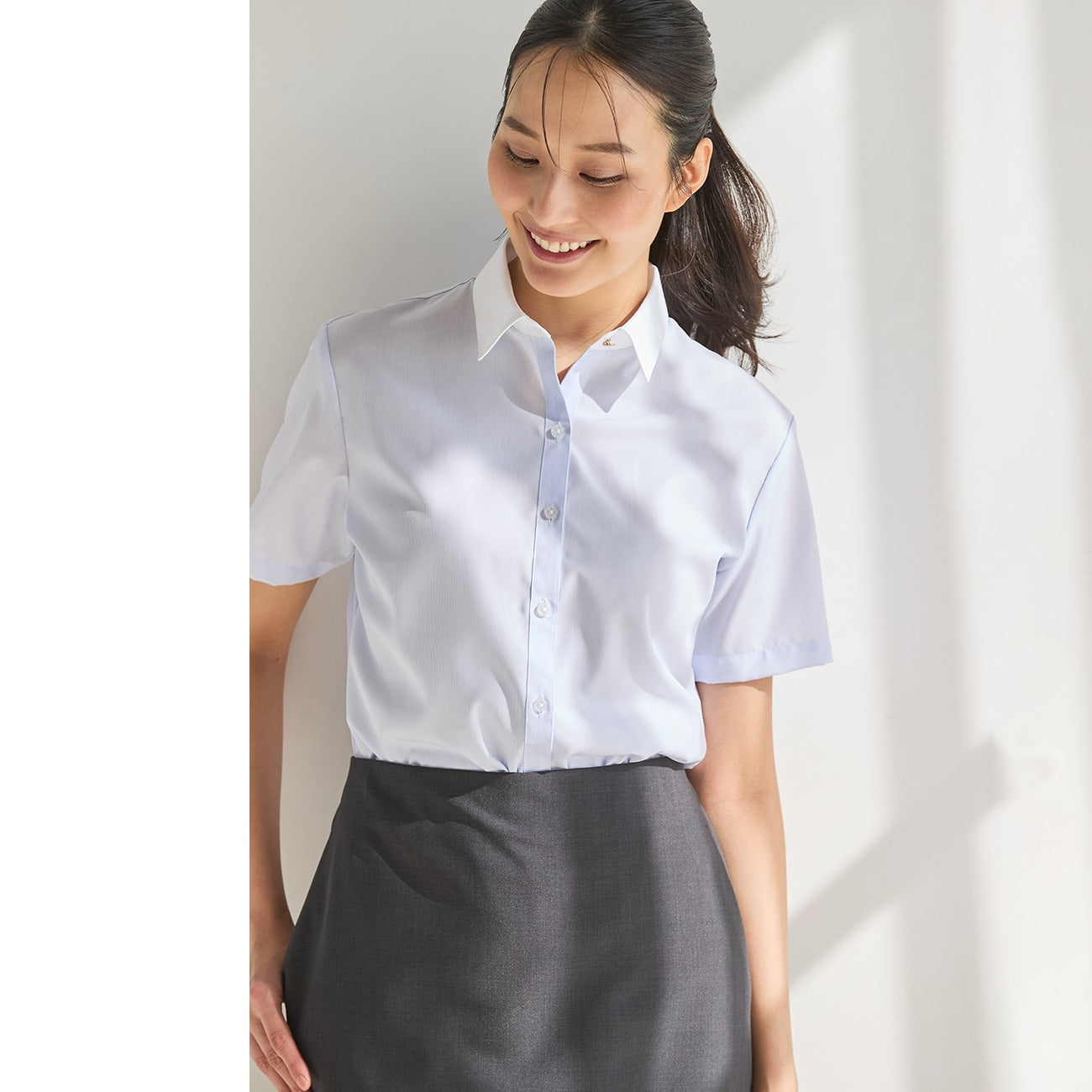 Women's Band Collar Short Sleeve Stripe Shirt - Blue_14