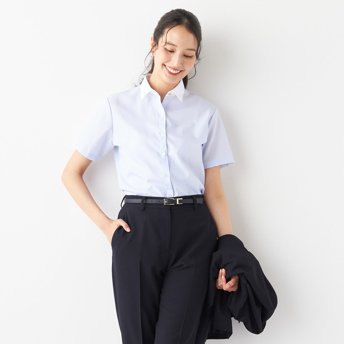 Women's Band Collar Short Sleeve Stripe Shirt - Blue_15