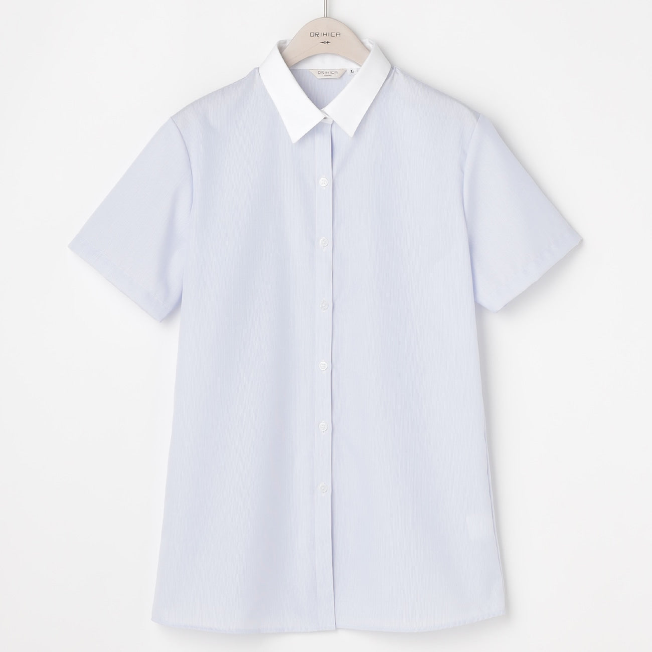 Women's Band Collar Short Sleeve Stripe Shirt - Blue_16