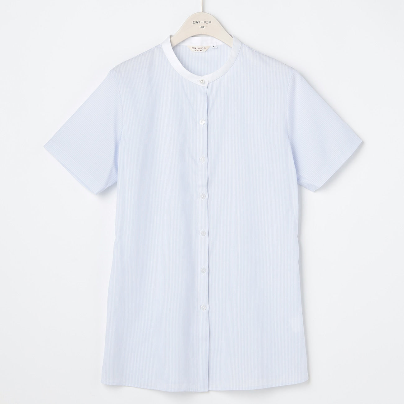Women's Band Collar Short Sleeve Stripe Shirt - Blue_15