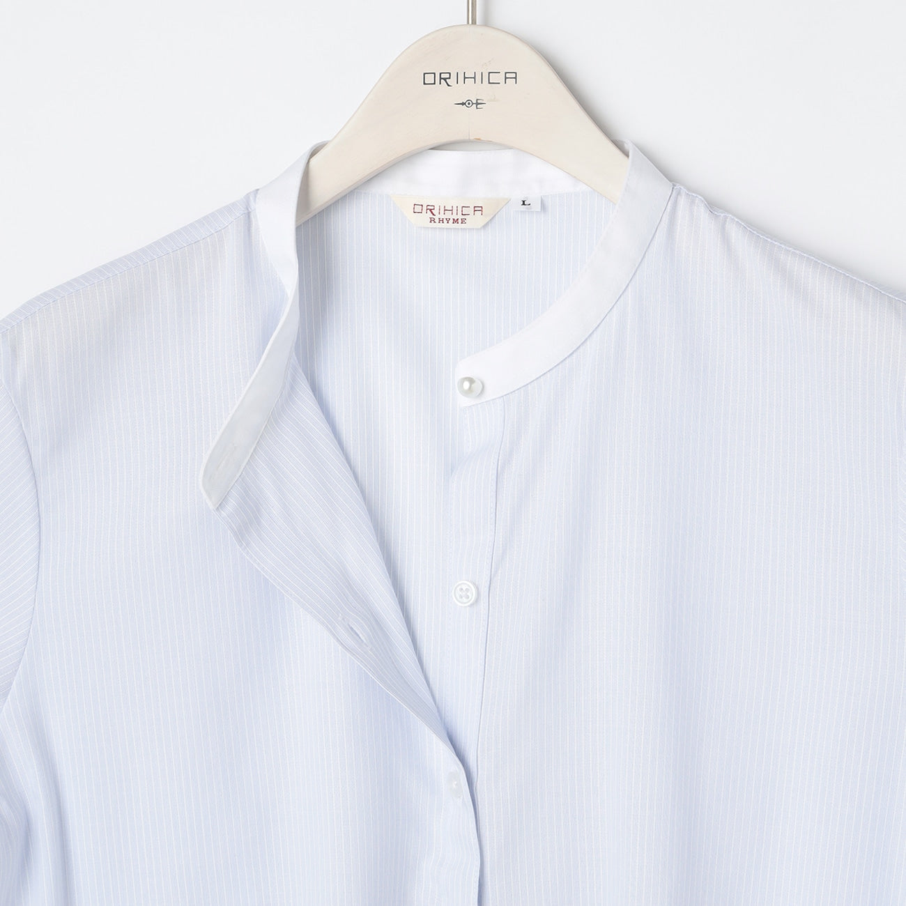 Women's Band Collar Short Sleeve Stripe Shirt - Blue_17