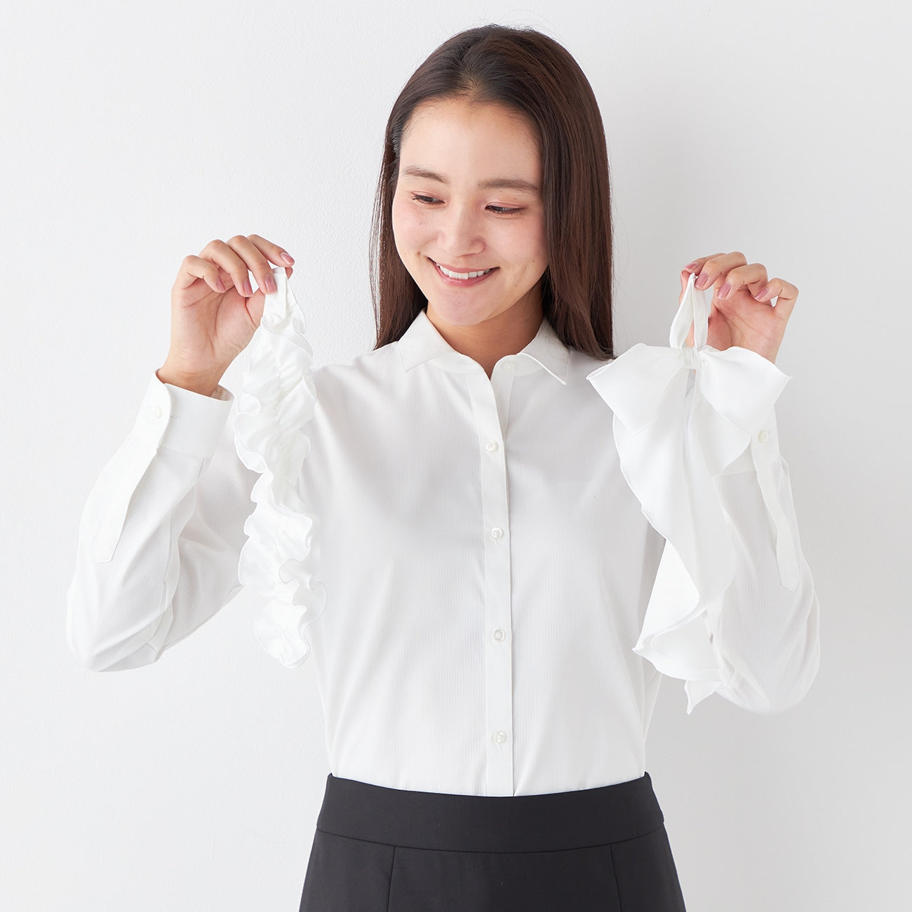 3-Way Point Collar Shirt with Ribbon and Frill - White_23