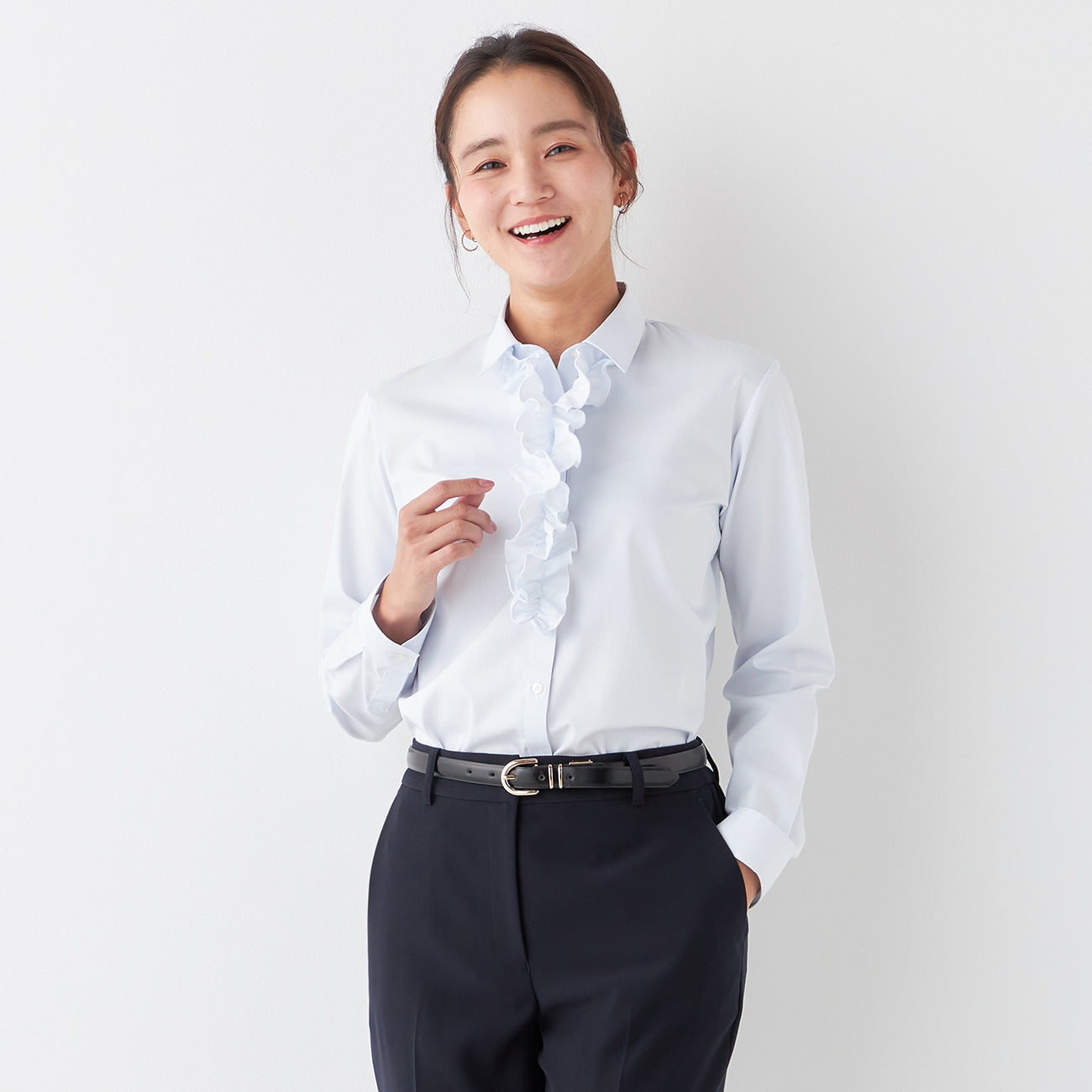 3-Way Point Collar Shirt with Ribbon and Frill - Blue_24