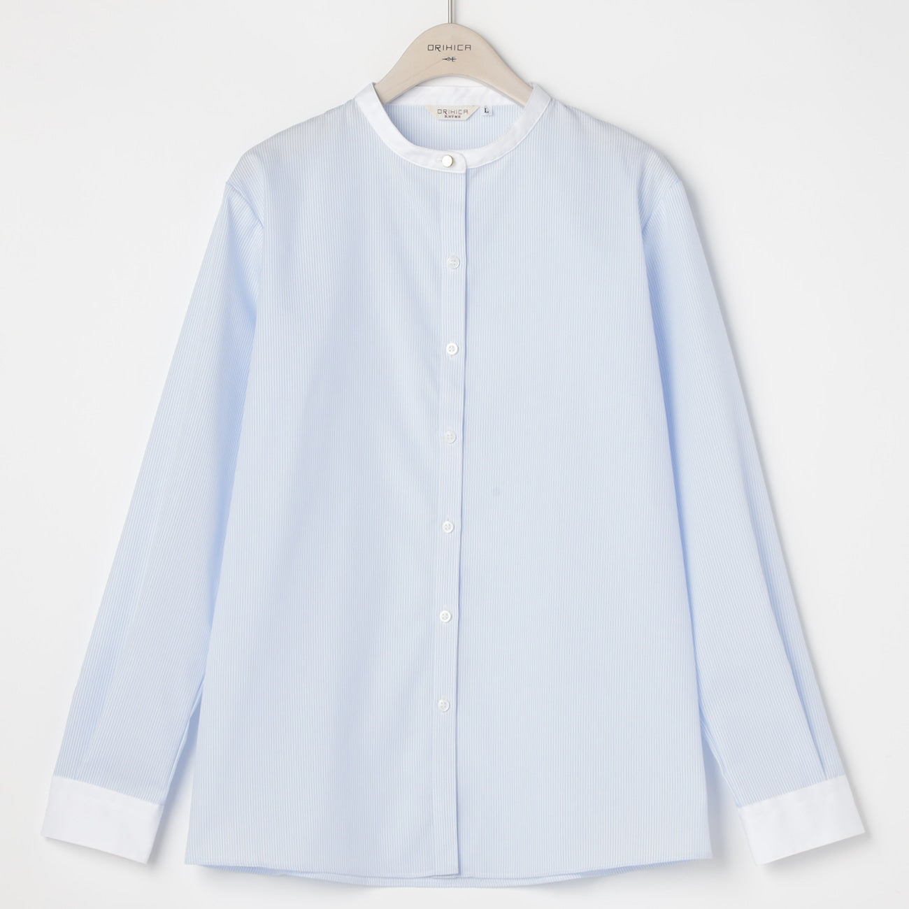 Non-iron Cotton Band Collar Stripe Shirt - Blue_13