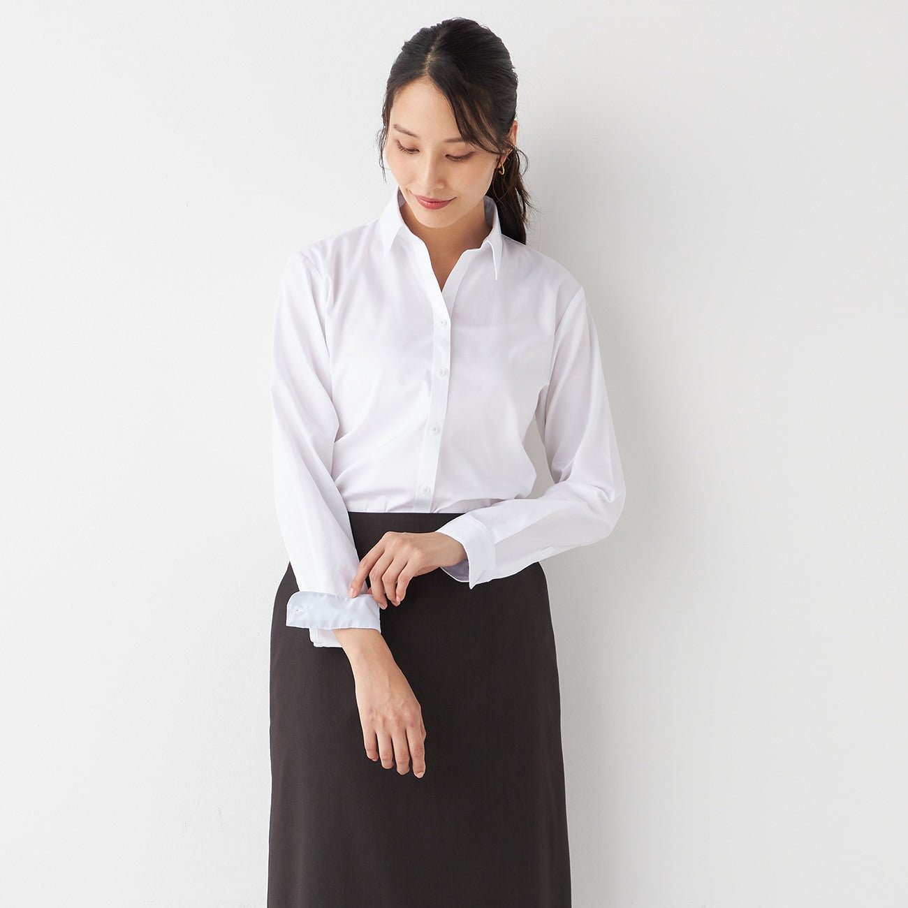 女士無熨斗純棉開領襯衫 - 白色_11