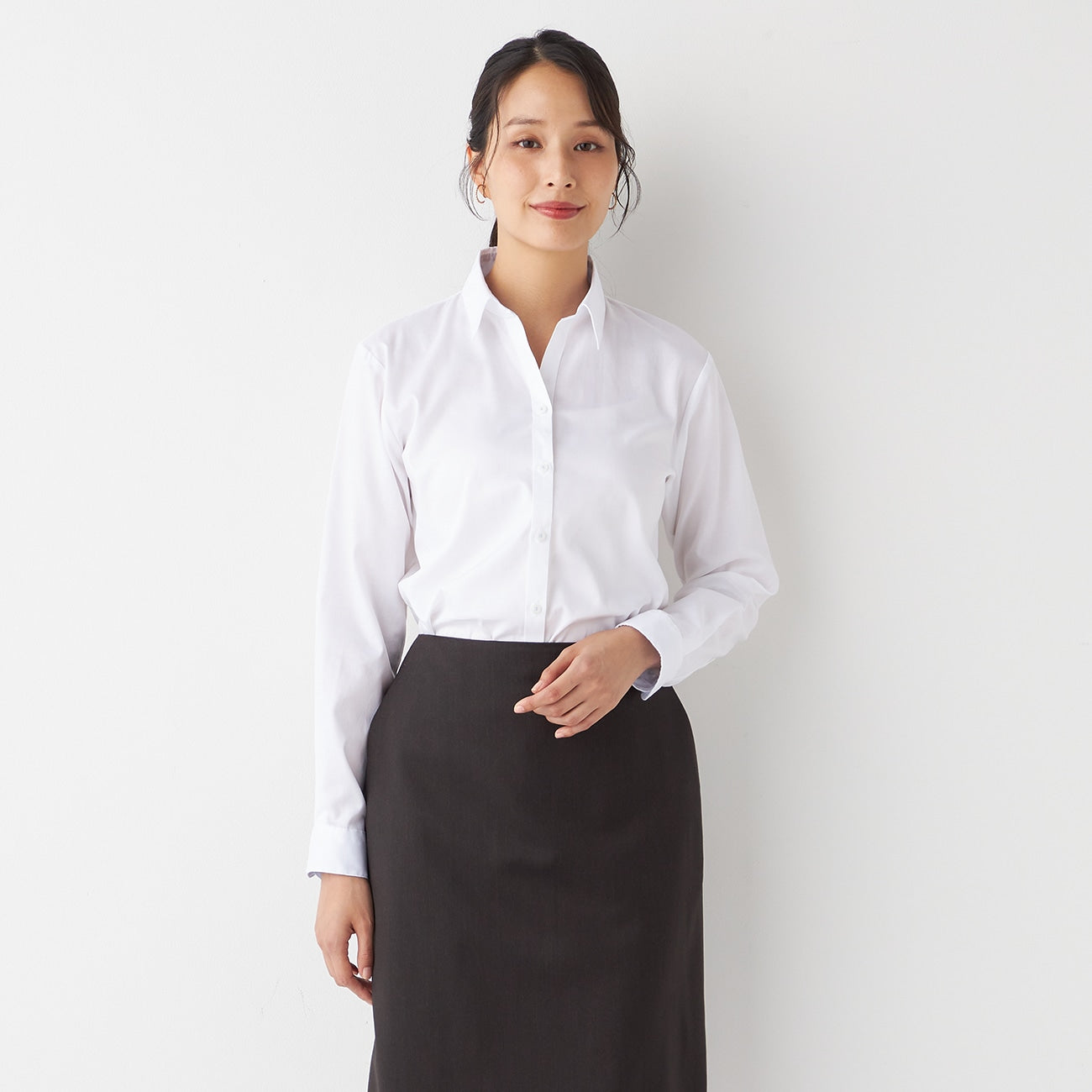 女士無熨斗純棉開領襯衫 - 白色_12