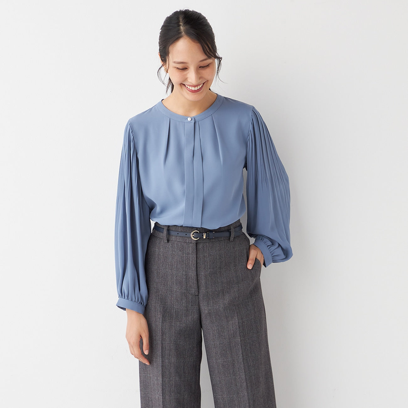 Tucked Sleeve Blouse with Pearl Button_34