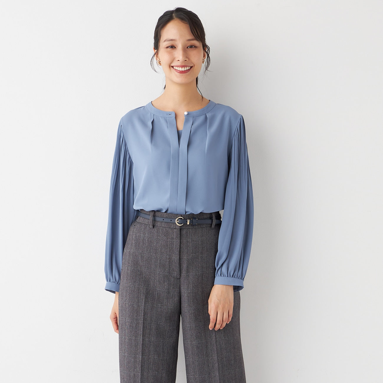 Tucked Sleeve Blouse with Pearl Button_35