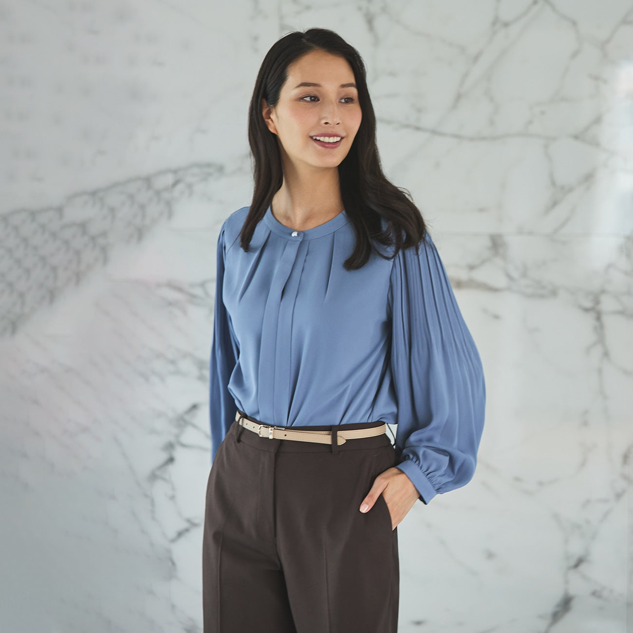 Tucked Sleeve Blouse with Pearl Button_33
