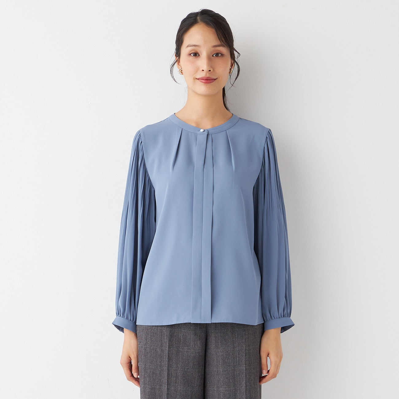 Tucked Sleeve Blouse with Pearl Button_36