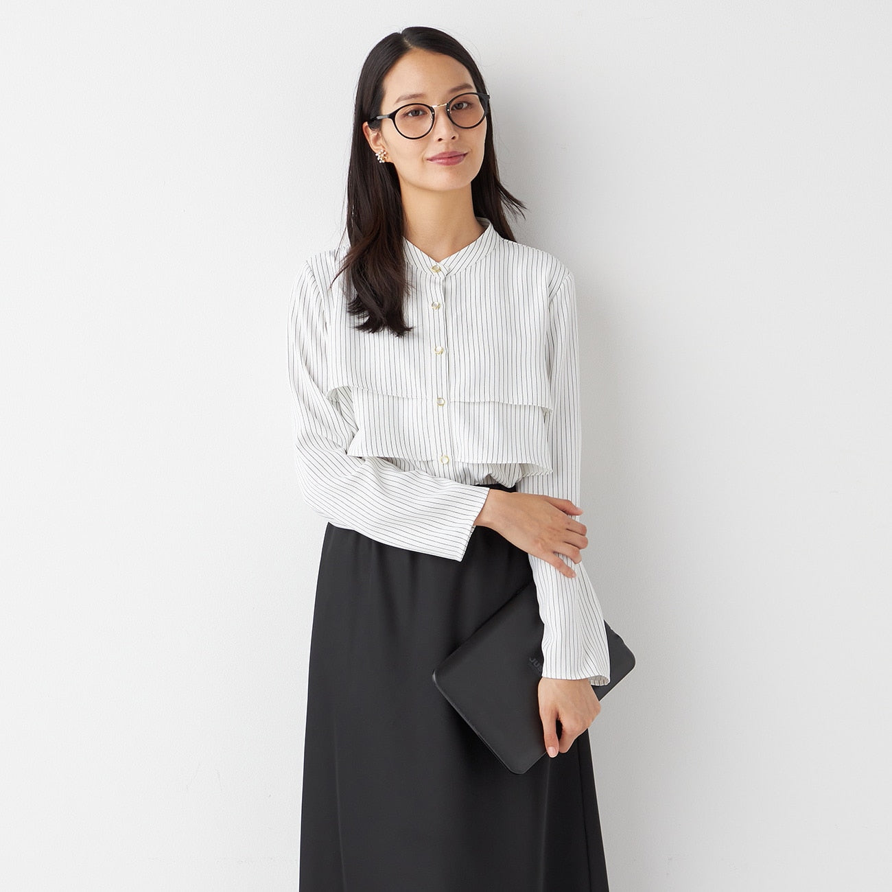 Ruffle Stand Collar Stripe Blouse - White_11
