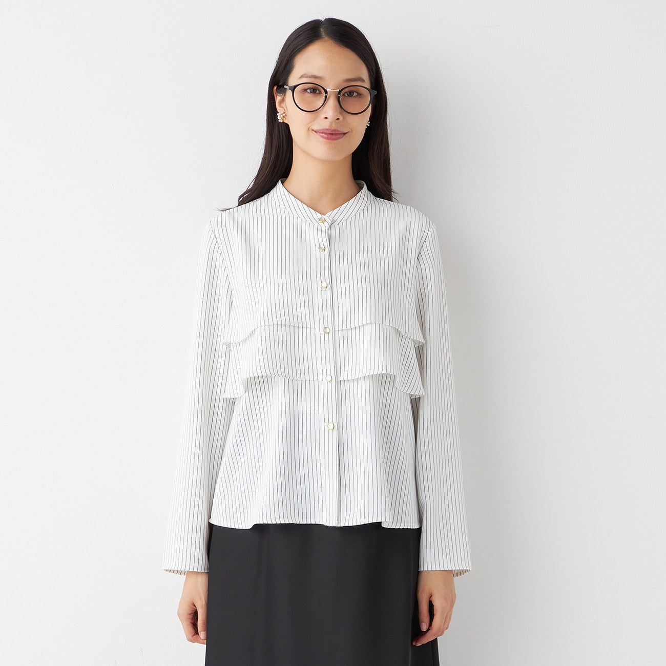 Ruffle Stand Collar Stripe Blouse - White_12