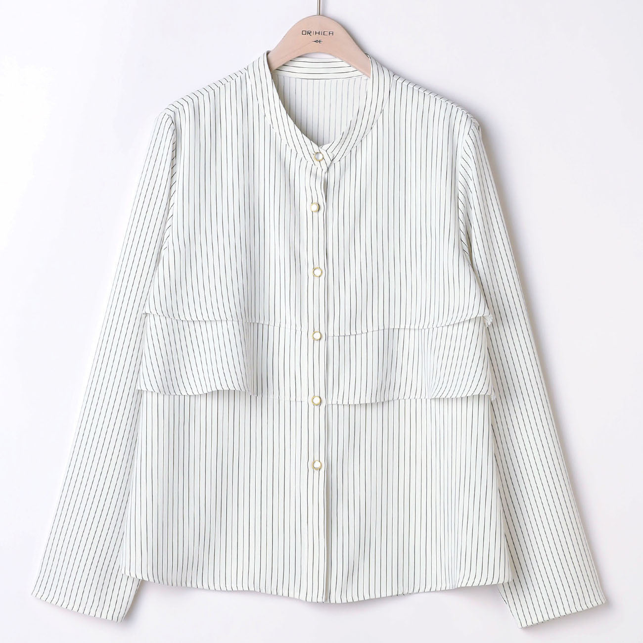 Ruffle Stand Collar Stripe Blouse - White_14
