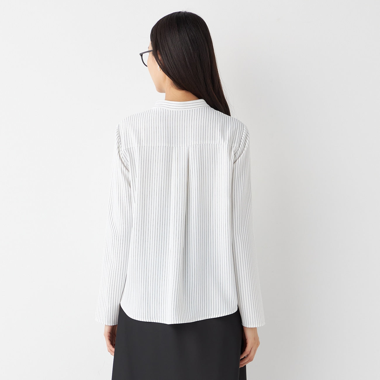 Ruffle Stand Collar Stripe Blouse - White_13