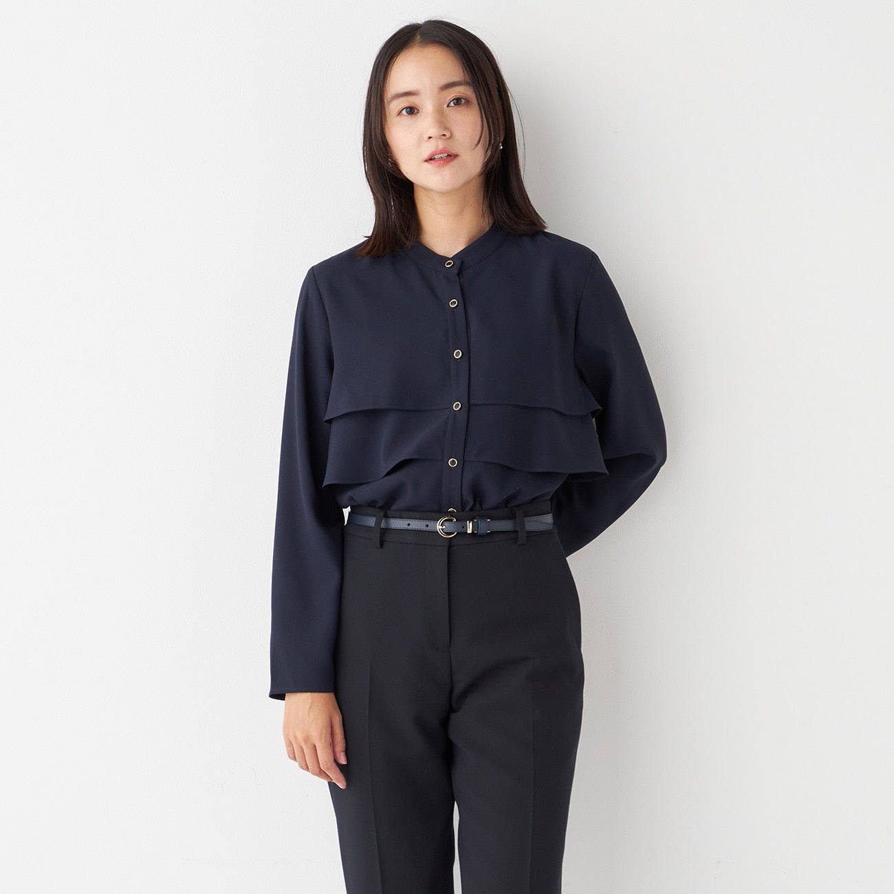 Ruffle Stand Collar Blouse - Navy_11