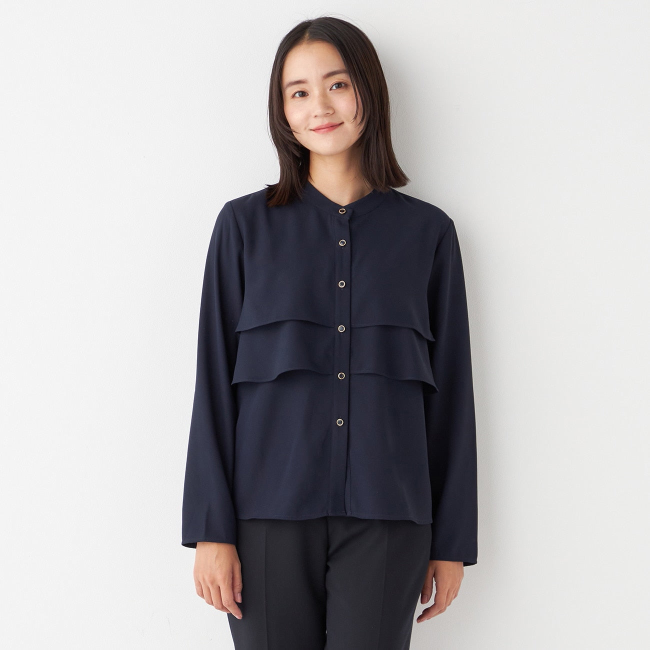 Ruffle Stand Collar Blouse - Navy_12