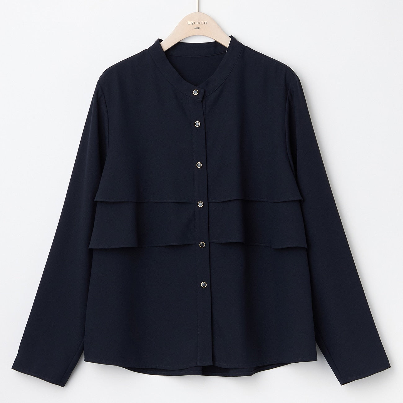 Ruffle Stand Collar Blouse - Navy_14