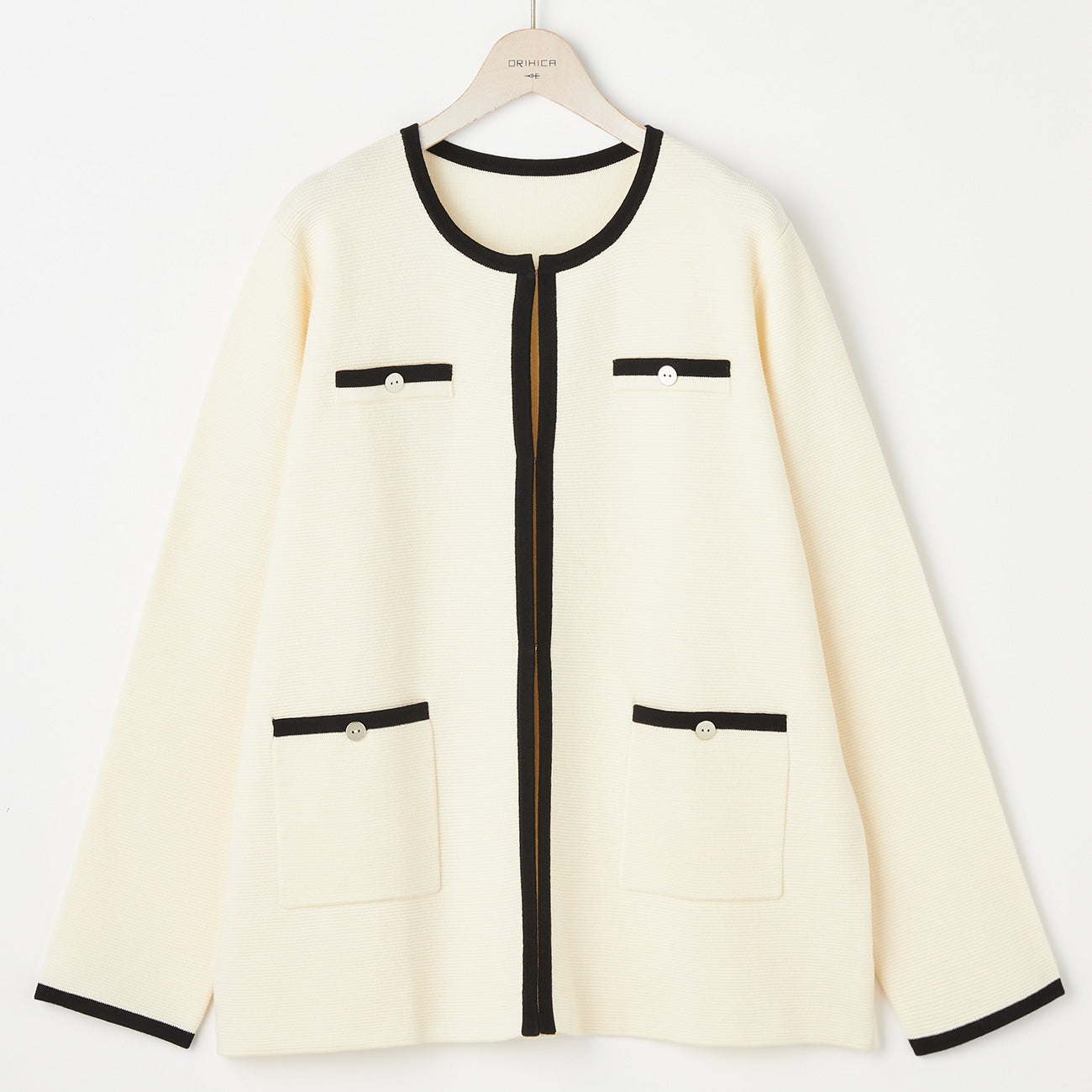 撞色中长款针织外套