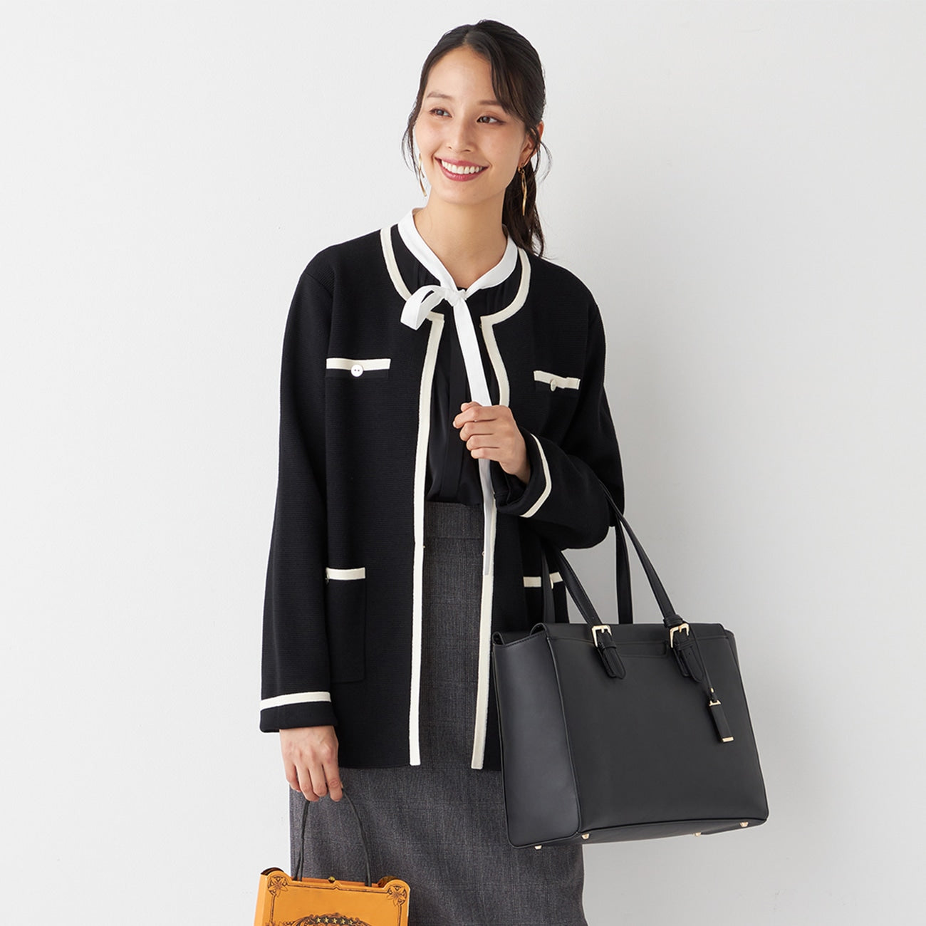 撞色中长款针织外套